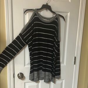 Black and White Striped Cold Shoulder Top